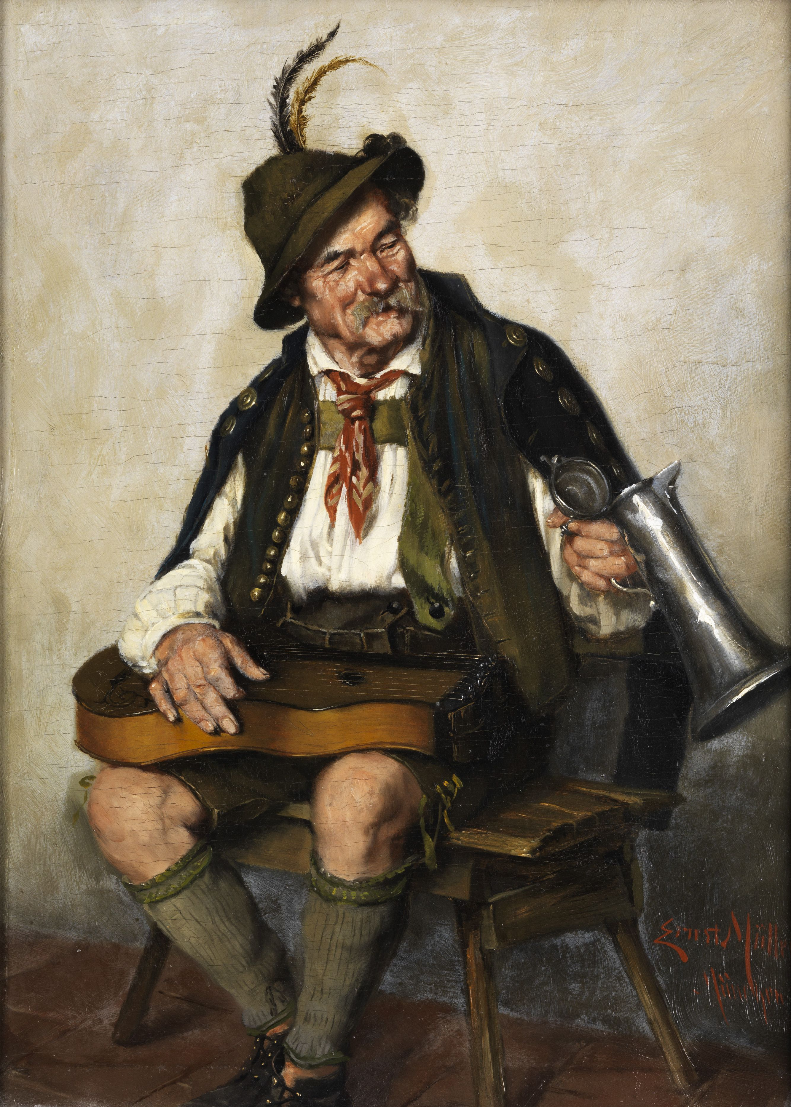 Ernst Müller Zitherspieler mit Bierkanne