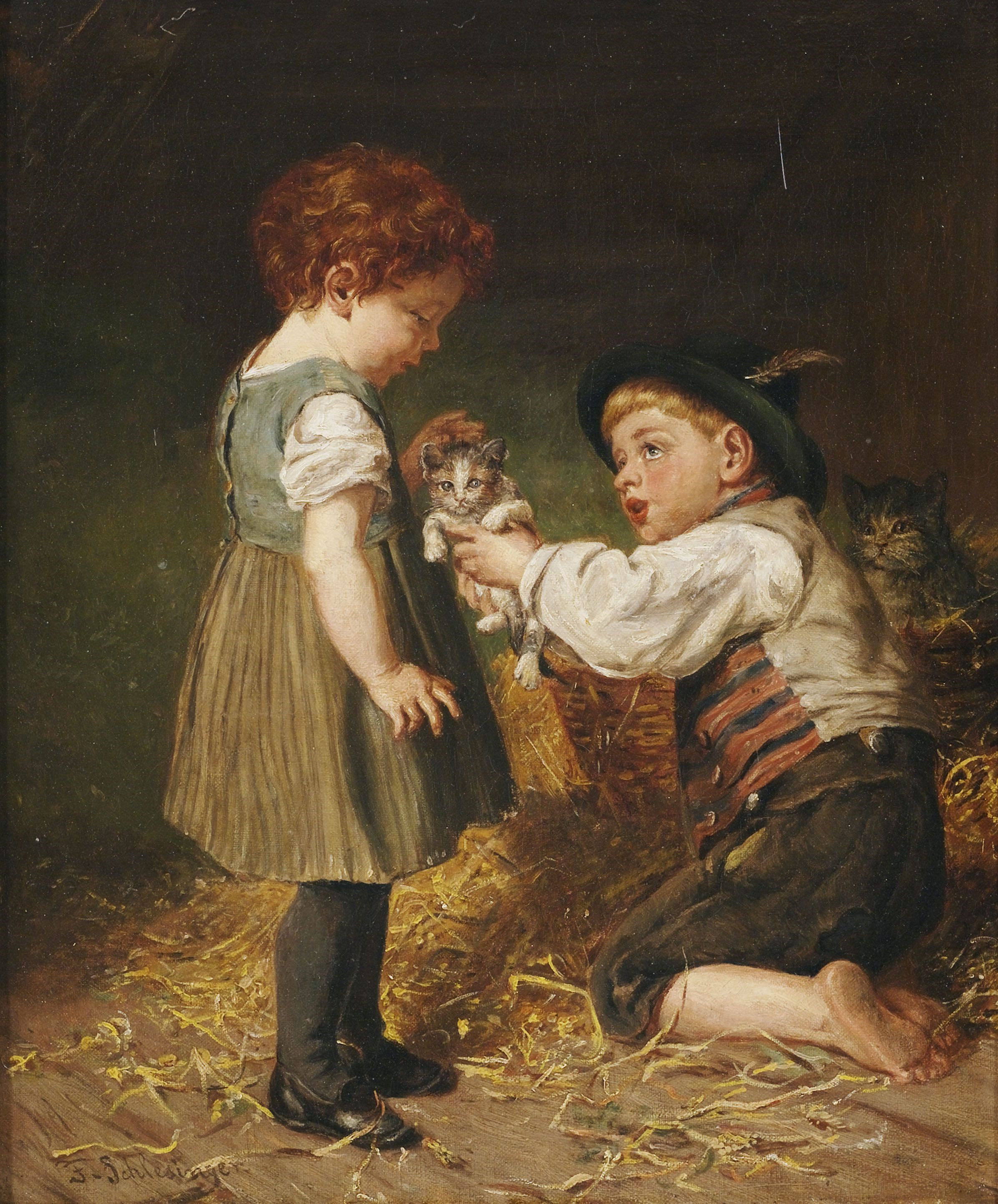 Félix Schlesinger Zwei Kinder mit Kätzchen im Stall