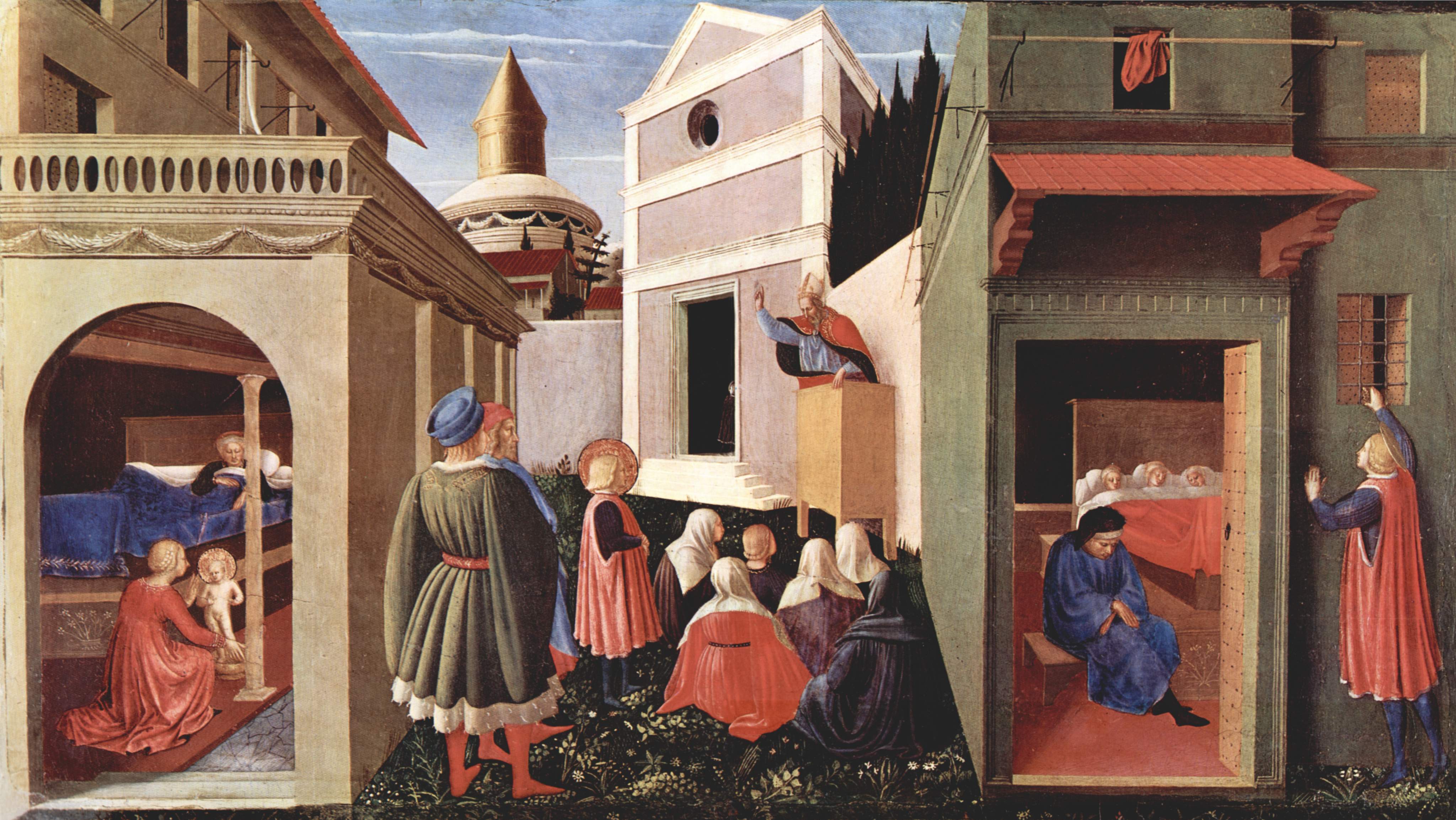 Geburt, Erziehung durch den Bischof, N. wirft goldene Kugeln in Zimmer dreier Jungfrauen / Fra Angelico