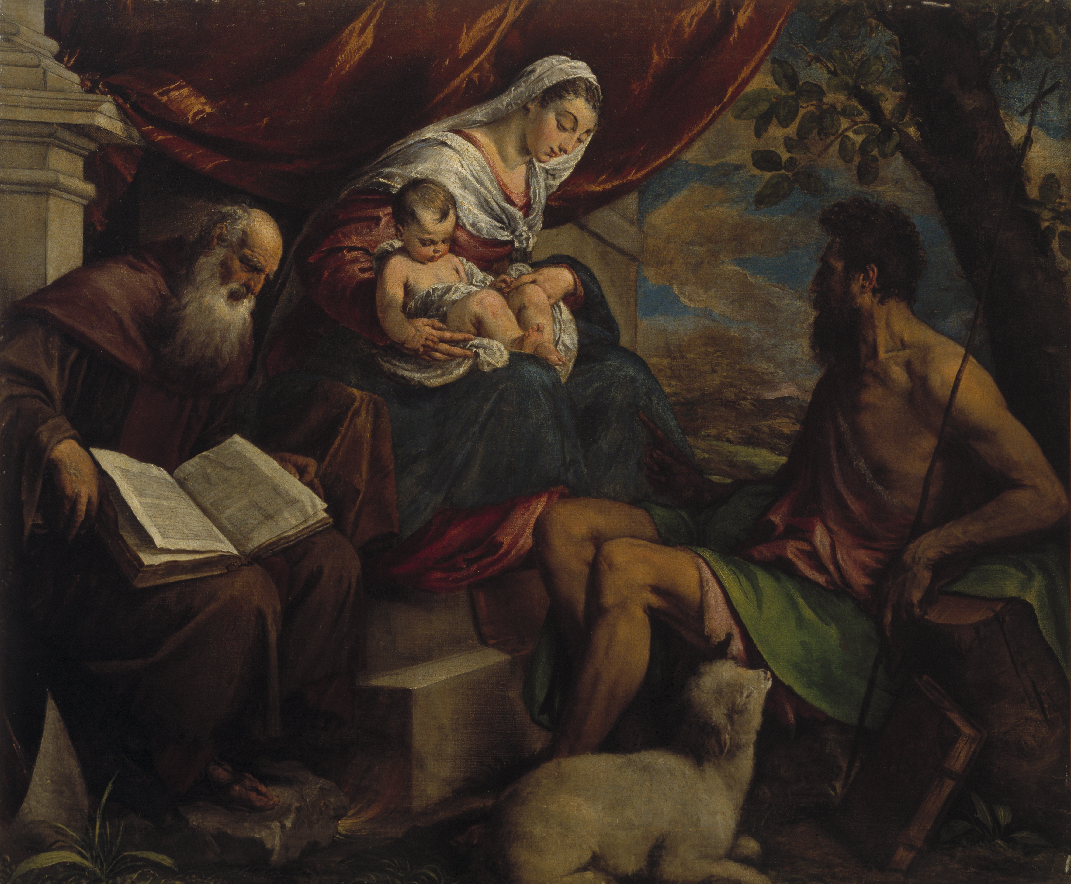 Jacopo Bassano (c. - n. - ca. 1510−1592)- Virgin and Child with John the Baptist and Saint Anthony the Abbot - Neitsyt Maria, Jeesus-lapsi, Johannes Kastaja ja Pyhä Antonius Apotti (29387806321)