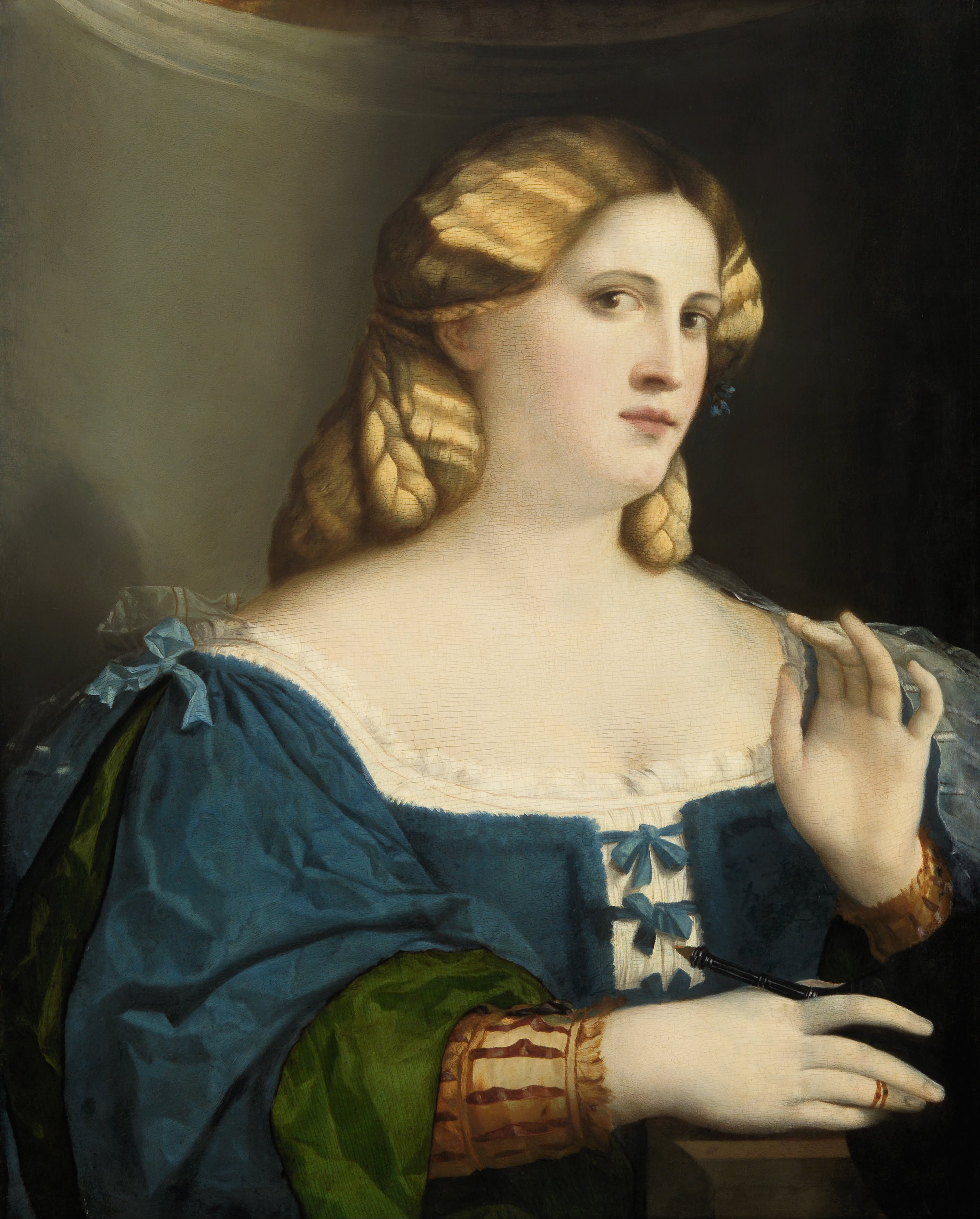 Jacopo Negretti, called Palma il Vecchio - Young Woman in a Blue Dress, with Fan - Google Art Project