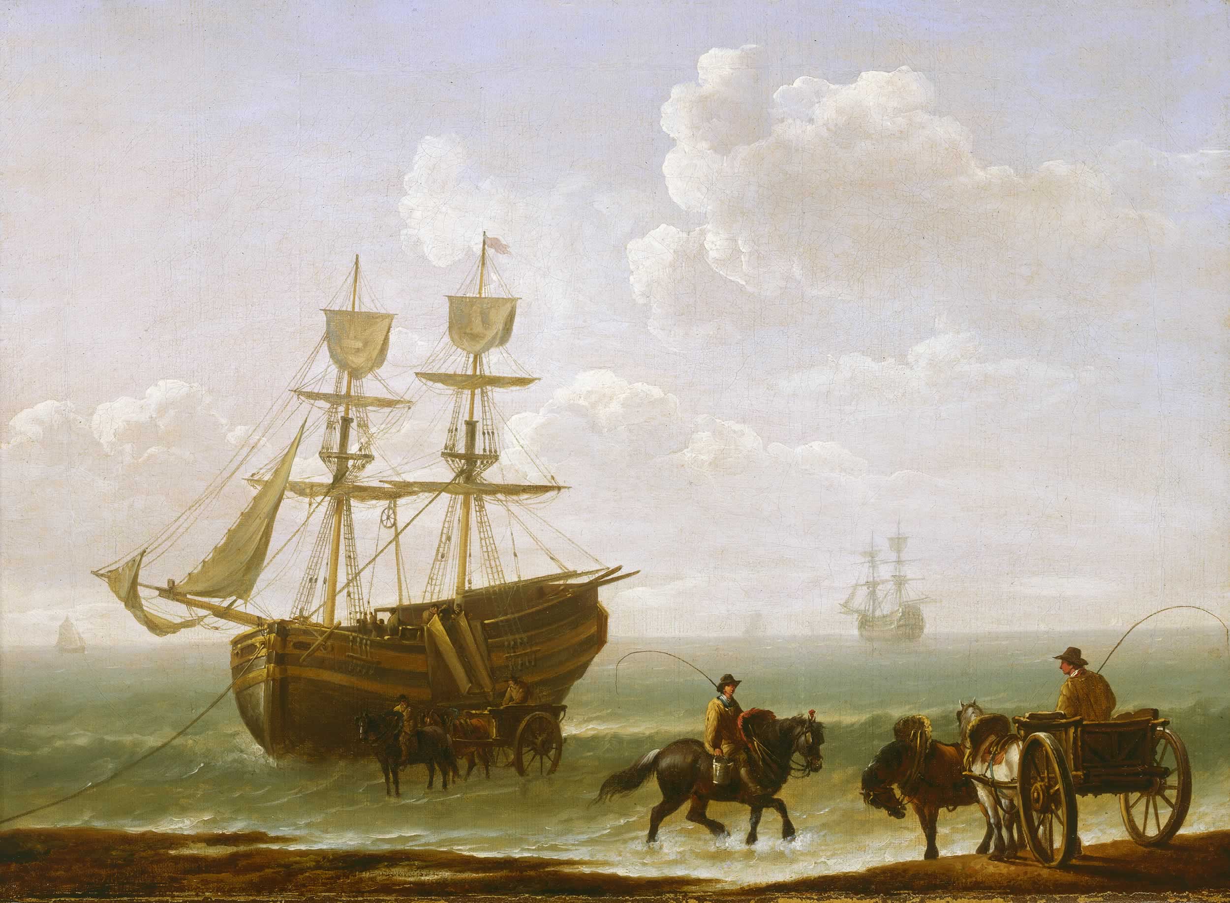 Julius Caesar Ibbetson - A Beached Collier Unloading into Carts