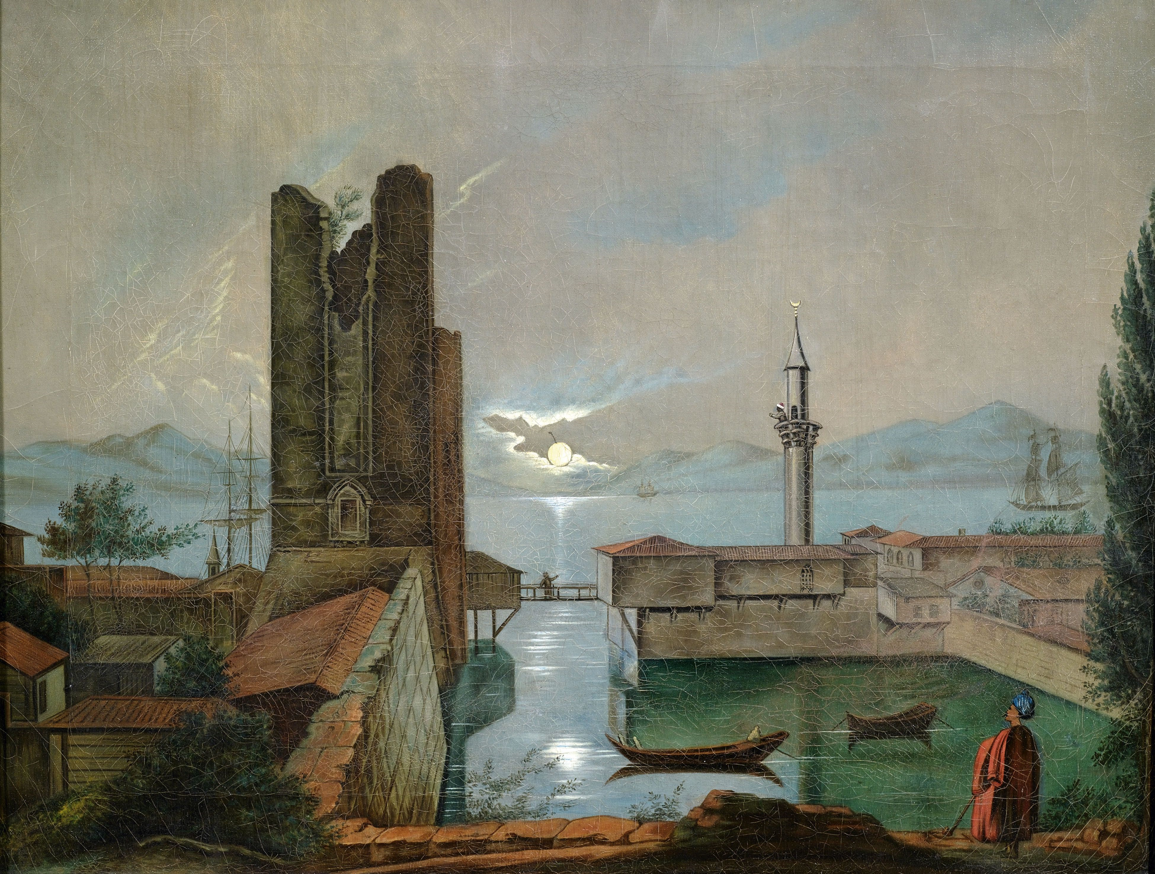 Kleine Hafenanlage mit altem Festungsturm bei Mondschein in der Levante 19 Jh