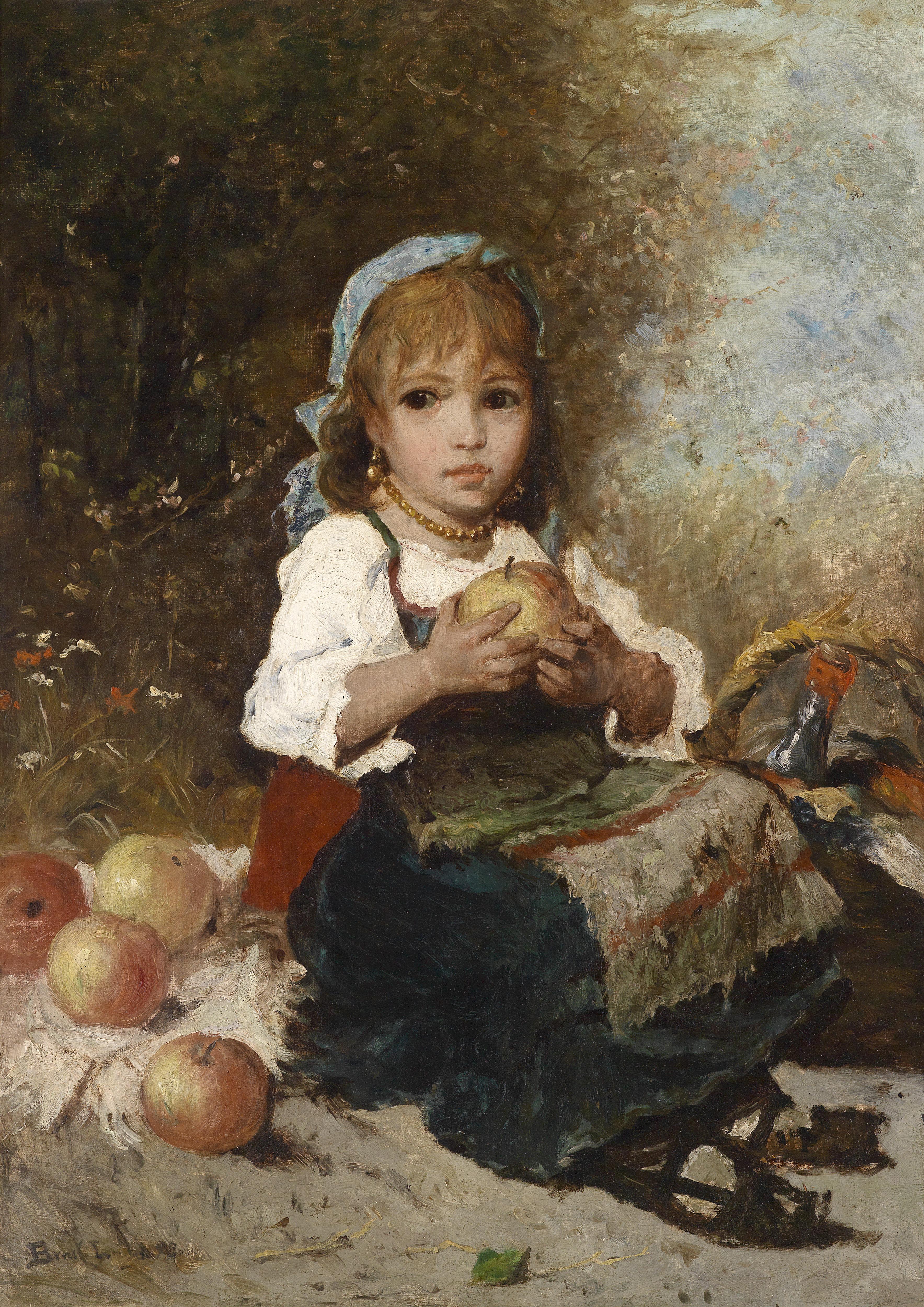 Lajos Bruck Mädchen in Tracht beim Apfelessen