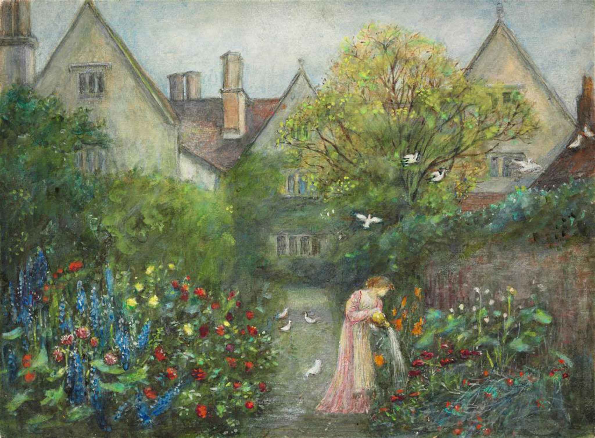 Marie Spartali Stillman - A lady in the garden at Kelmscott Manor, Gloucestershire