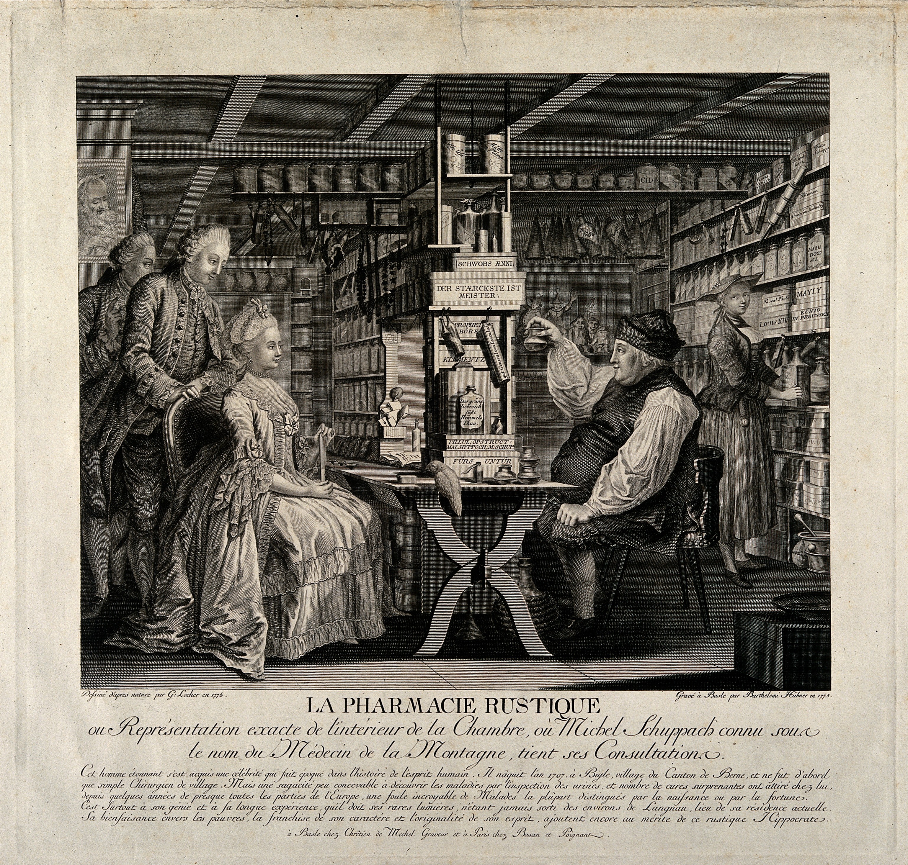 Michel Schuppach in his pharmacy examining a young woman's u Wellcome V0010845