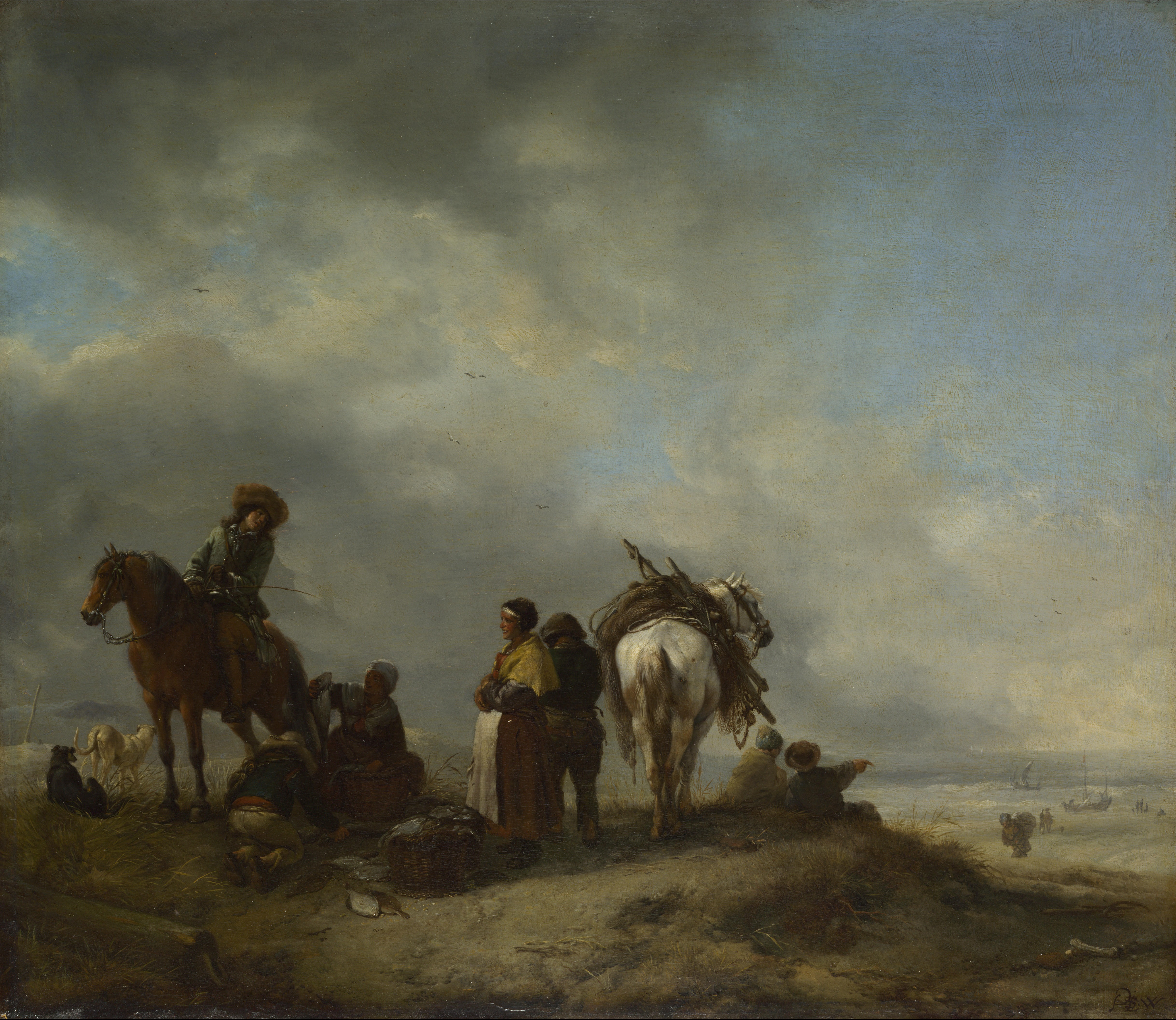 Philips Wouwerman - A View on a Seashore with Fishwives offering Fish to a Horseman (1650s)