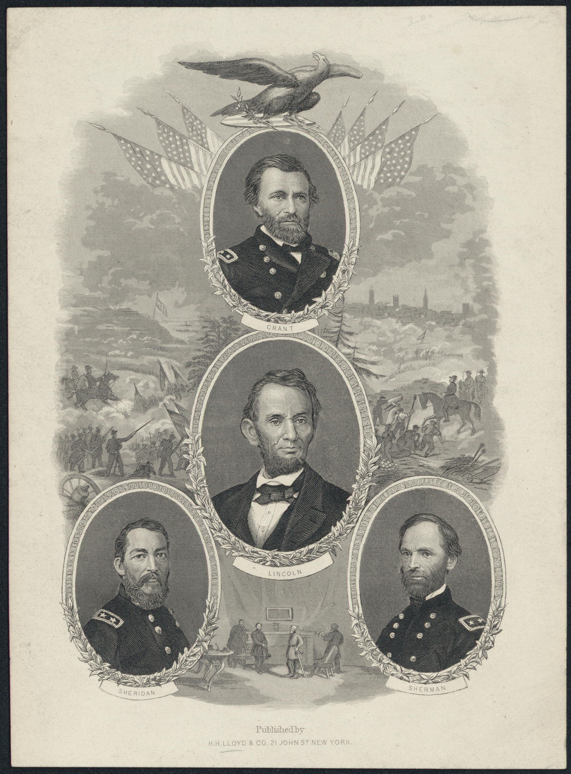 Portrait of Grant, Lincoln, Sheridan, Sherman - H.H. Lloyd & Co