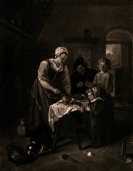 A family group inside their cottage with a meal being served Wellcome V0038683