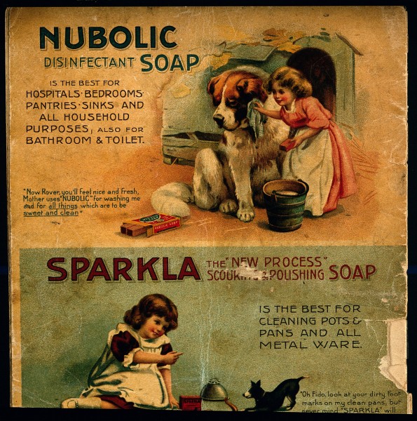 A girl washing a dog as an advertisement for Nubolic soap. C Wellcome V0010808