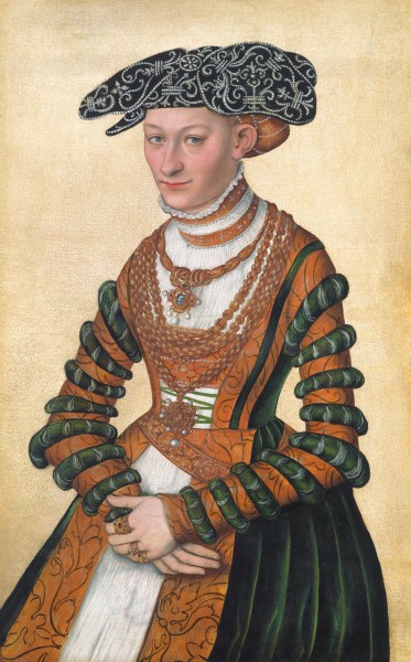 A Lady in a green velvet and orange dress and a pearl-embroidered black hat by Lucas Cranach II