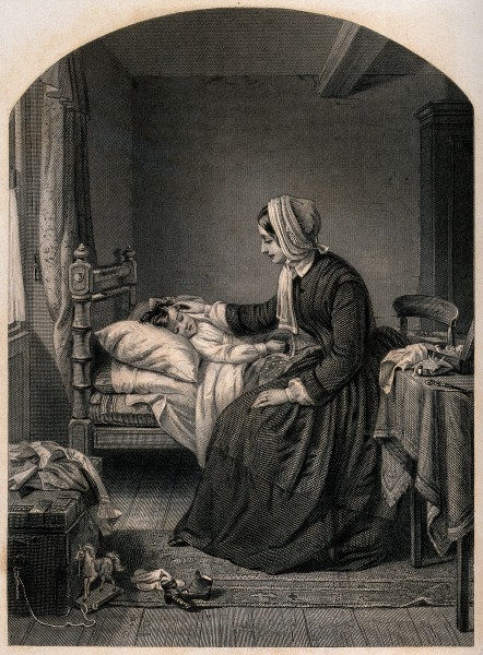 A mother sits by her child's bed stroking his face while he Wellcome V0038756