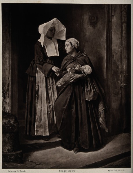 A nurse bidding farewell to a poor woman leaving hospital wi Wellcome V0015095