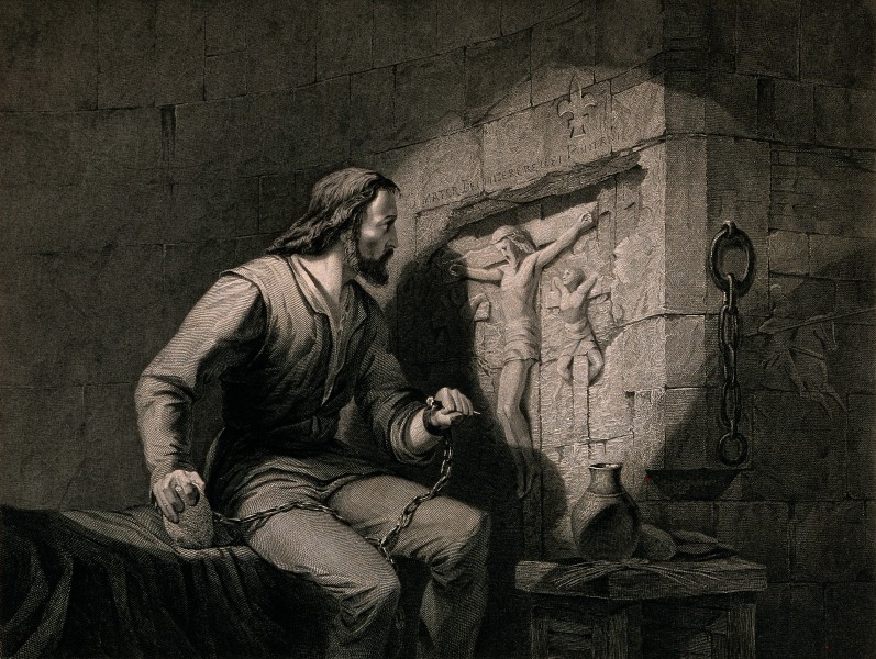 A prisoner sits in his cell and carves images into the wall Wellcome V0039241