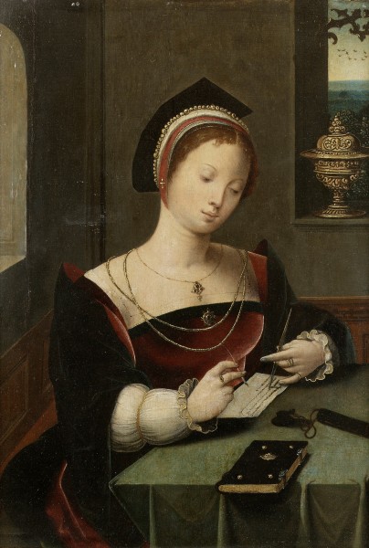 A woman as the Magdalen writing at a table in an interior
