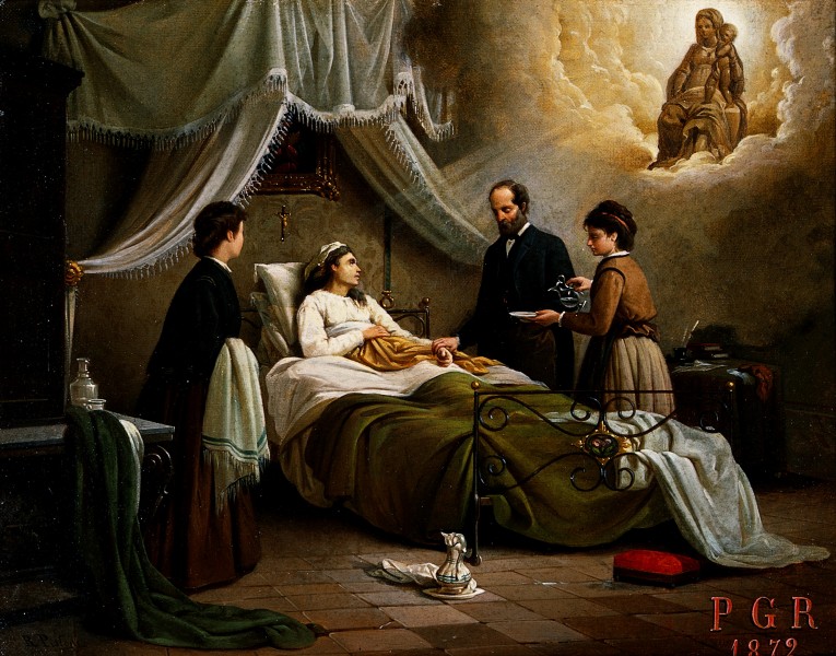 A woman in bed in a sick-room, attended by a physician Wellcome V0017418