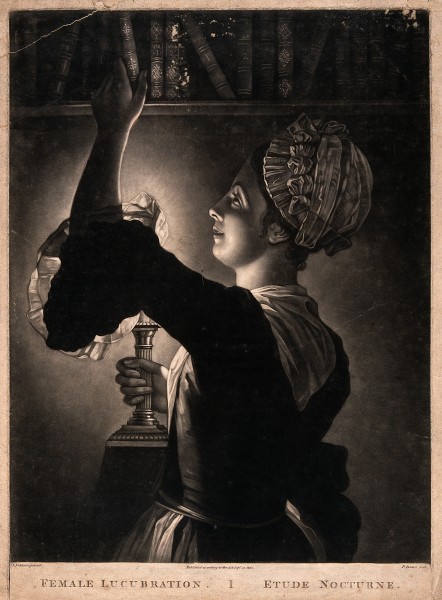 A young woman, wearing an apron and a cap, holding a lamp to Wellcome V0040285