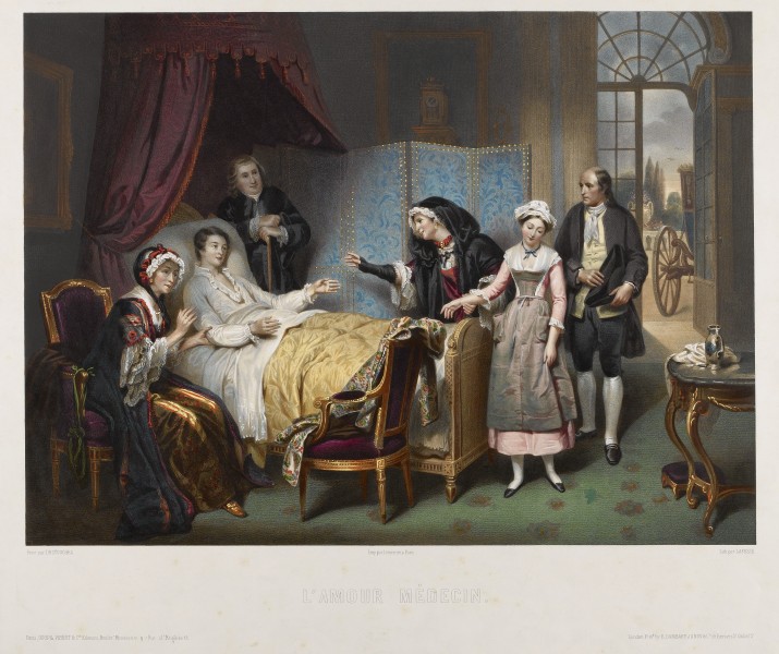 A young woman is brought to visit a sick young man in the Wellcome L0034624