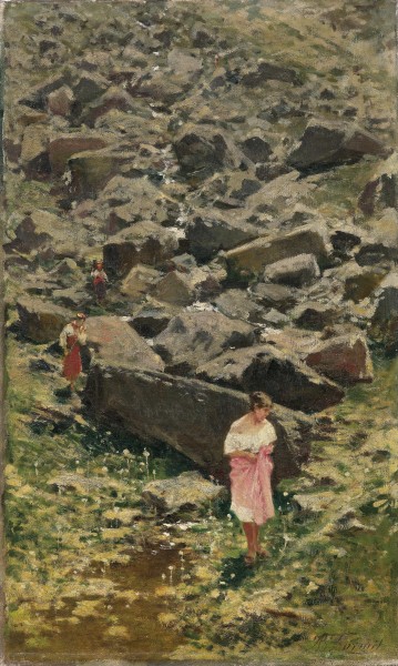 Achille Befani Formis Felsige Landschaft mit jungen Frauen am Bachufer