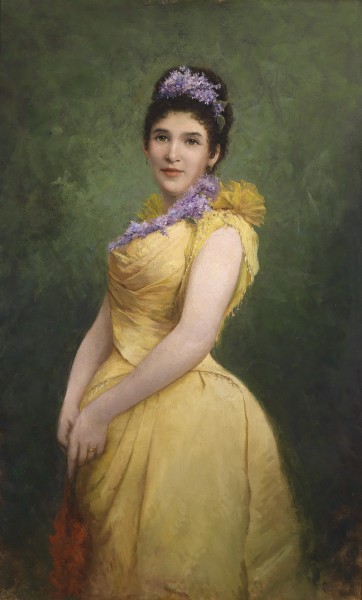 Adolf Echtler Dame in gelbem Kleid und Flieder im Haar 1894