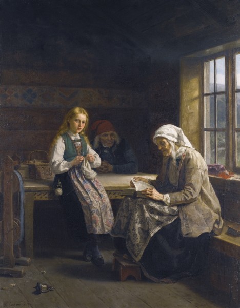 Adolph Tidemand - En Hardanger interiør, ung jente strikking (1874)