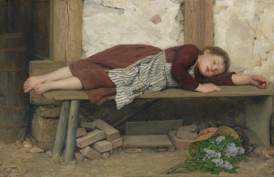 Albert Anker - Schlafendes Mädchen auf einer Holzbank