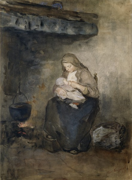 Albert Neuhuys - Moeder zoogt haar kind bij de haard