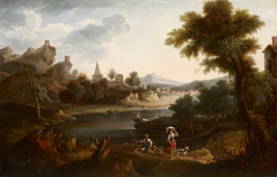 Andrés Cortés y Aguilar River Landscape with Washerwoman and Fisherman