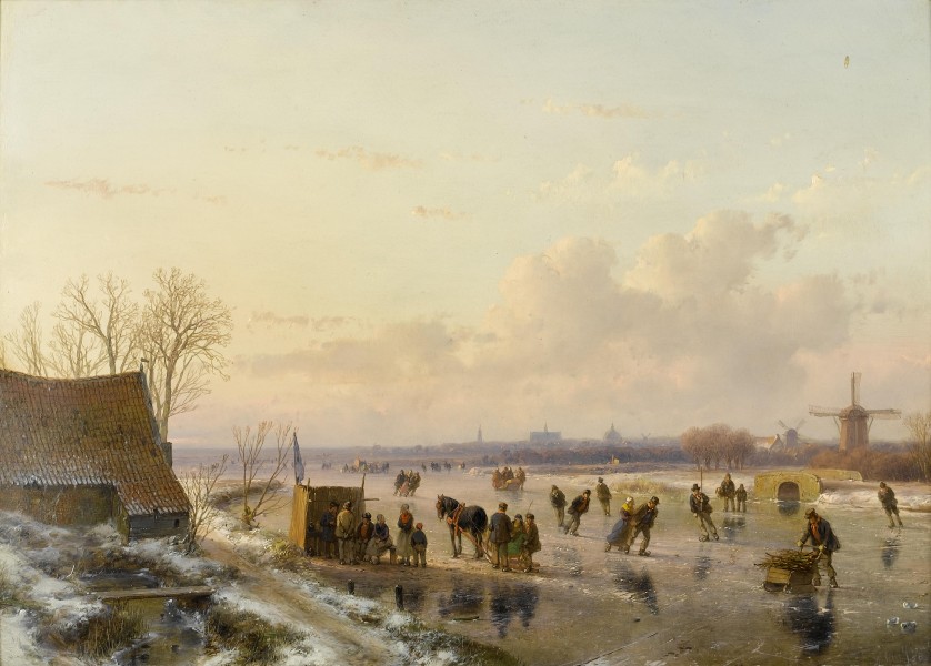Andreas Schelfhout - Winterlandschap met schaatsers, Haarlem in de verte