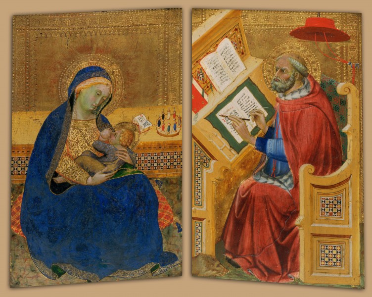 Attributed to Benedetto di Bindo - Virgin of Humility (left) and Saint Jerome Translating the Gospel of John (right) - Google Art Project