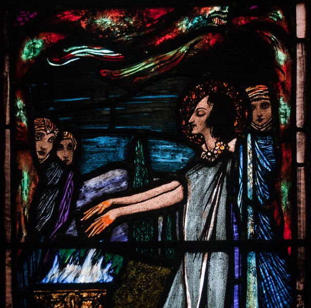 Ballinasloe St. Michael's Church South Aisle Fifth Window Sts Patrick and Rose of Lima by Harry Clarke Detail St Rose Burning Her Hands Detail 2010 09 15