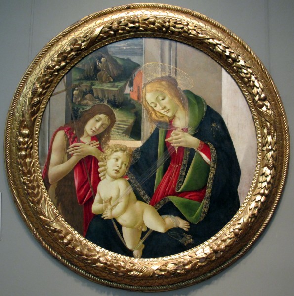 Botticelli e bottega, madonna col bambino e san giovannino, stimmate di s. francesco nello sfondo, 1490-1500 ca.