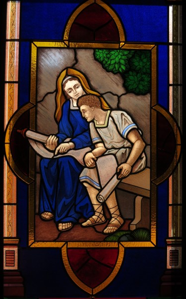 Chapel of the Immaculate Conception (University of Dayton) - stained glass, Blessed Virgin Mary educating Christ