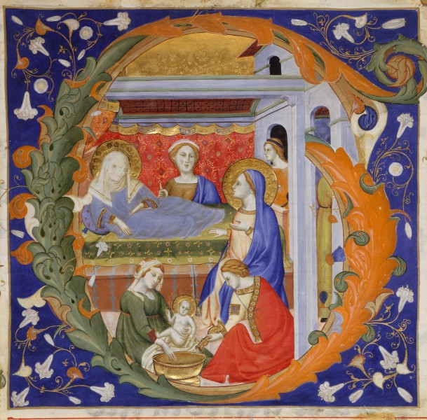 Don Silvestro dei Gherarducci - Gradual from Santa Maria degli Angeli - folio 148 - The Birth of the Virgin in an Initial G (Metropolitan Museum of Art, 21.168)