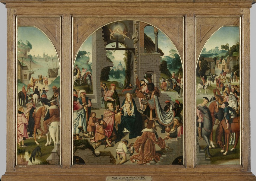 Drieluik met de aanbidding der koningen (middenpaneel en binnenzijde vleugels), de heilige Antonius Abt (buitenzijde linkervleugel) en de heilige Adrianus (buitenzijde rechtervleugel) Rijksmuseum SK-C-1364