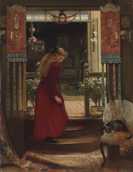 Edward Henry Fahey - A girl playing with a cat in an interior