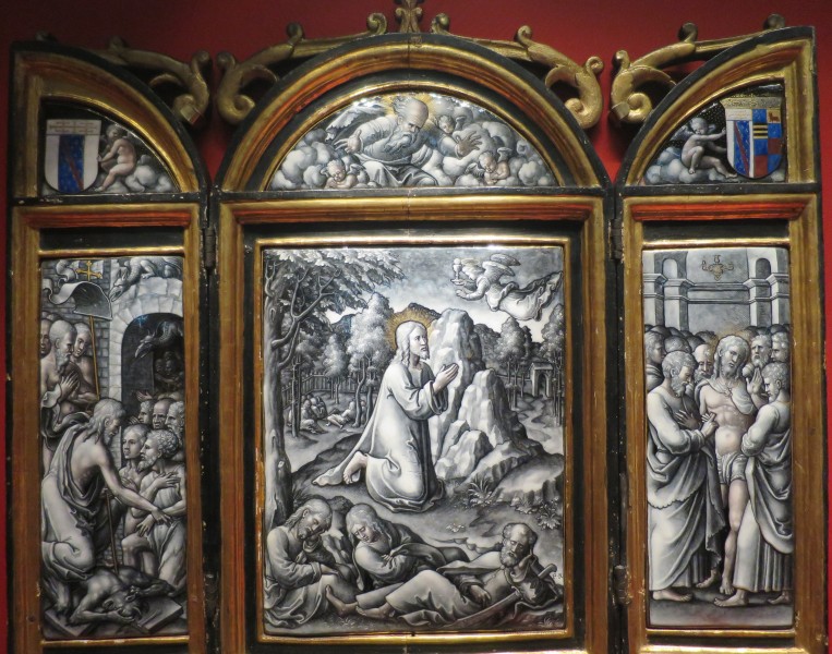 Enamel triptych with Agony in the Garden, Harrowing of Hell, and Incredulity of Thomas by Pierre Reymond