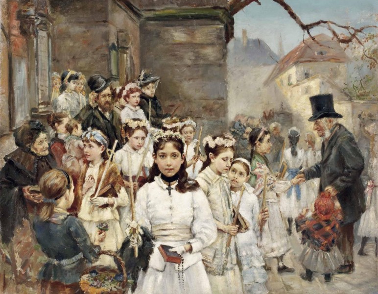 Erstkommunionkinder auf dem Dorfplatz 19Jh