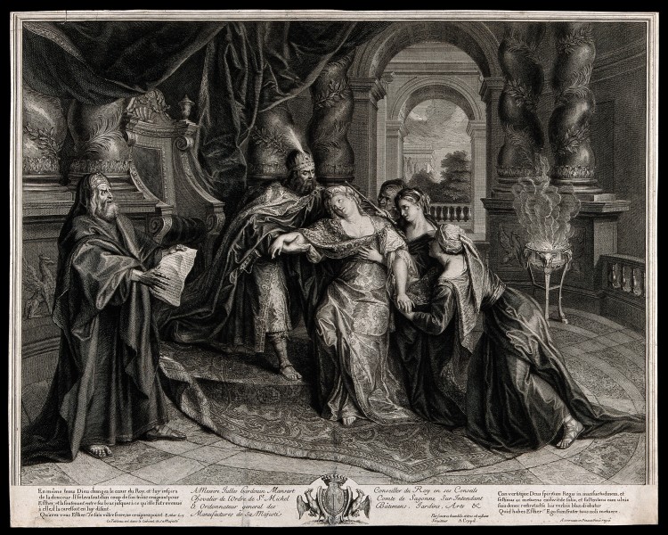 Esther swoons before Ahasuerus. Engraving by A. Coypel. Wellcome V0034398