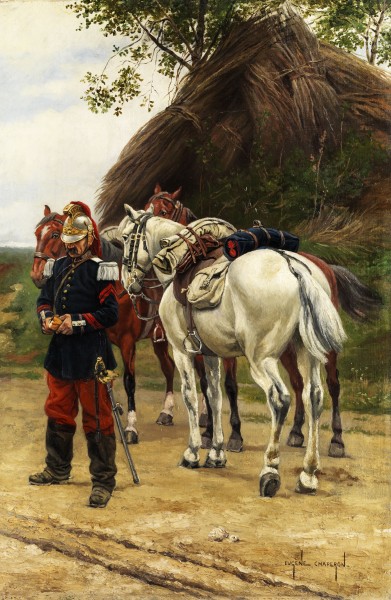 Eugene Chaperon Französischer Kavallerist vor seinem Schimmel