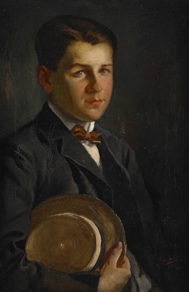 Fabián de la Rosa - Portrait of a boy with hut (1910)