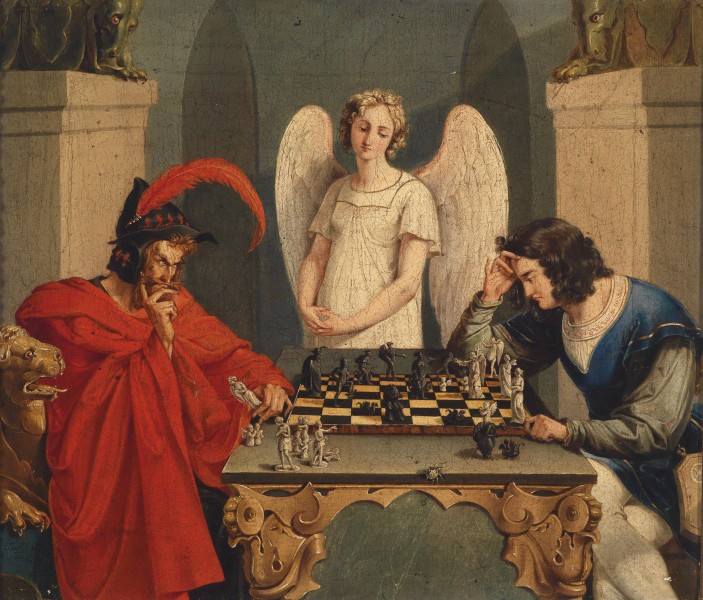 Faust und Mephisto beim Schachspiel 19Jh