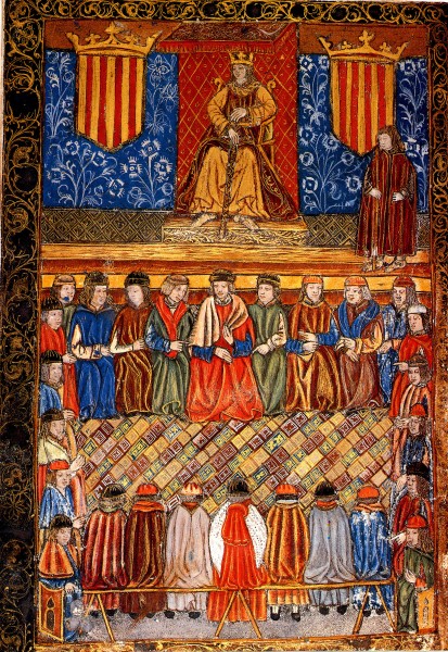 Fernando II entre dos escudos del Señal Real de Aragón