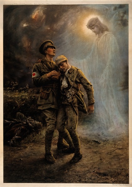 First World War; two soldiers, one badly wounded, being comf Wellcome V0015798