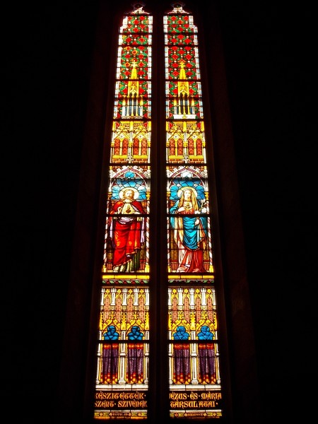Franciscan church, Sacred Heart of Jesus and Virgin Mary on stained glass by Miksa Róth (1896), Keszthely 2016 Hungary