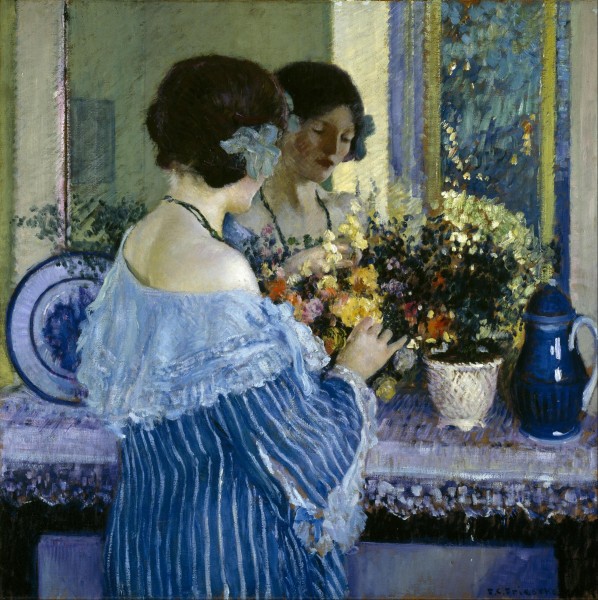 Frederick Carl Frieseke - Girl in Blue Arranging Flowers - Google Art Project