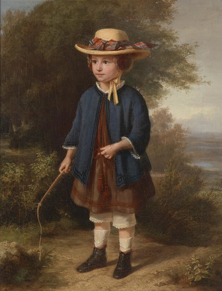 Heinrich Bohn Kind in blauem Umhang mit Rute 1852