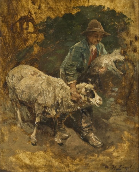 Heinrich von Zügel - Schäferjunge mit Lämmchen und Schaf