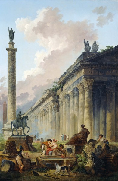 Hubert Robert - Imaginary View of Rome with Equestrian Statue of Marcus Aurelius, the Column of Trajan and a Temple - Google Art Project