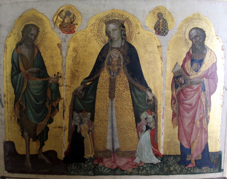 Jacobello del fiore, madonna della misericordia tra i ss. giovanni battista ed evangelista, 1400-30 ca.